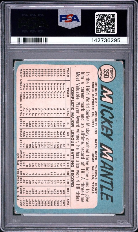 1965 Topps #350 Mickey Mantle Yankees PSA 2 view 2