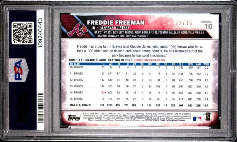 2016 FREDDIE FREEMAN PSA 9 TOPPS CHROME BLUE WAVE REFRACTOR BRAVES DODGERS /75  view 2