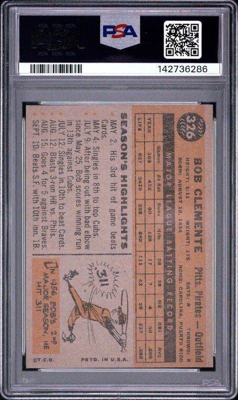 1960 Topps #326 Roberto Clemente Pirates PSA 7 view 2