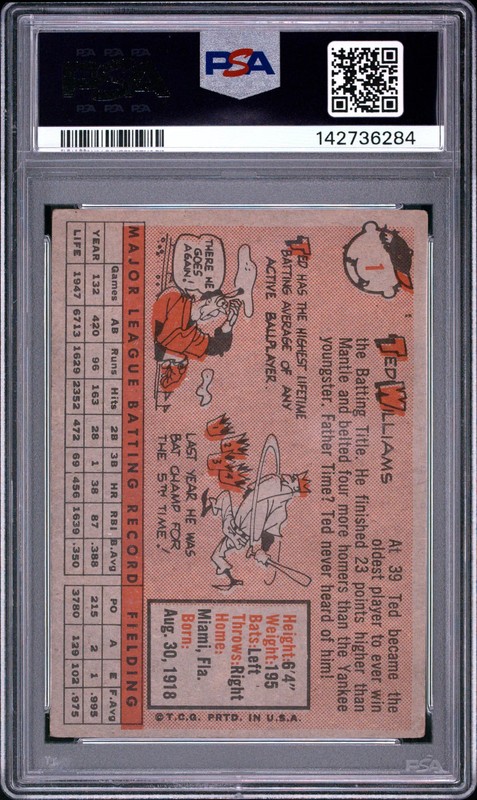 1958 Topps #1 Ted Williams Red Sox PSA 3 Well Centered view 2