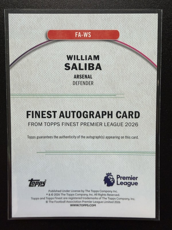 William Saliba 2025-26 Topps Finest EPL Premier League Gold Auto /50 Arsenal view 2