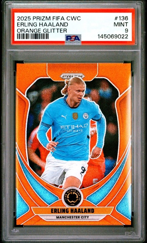 2025 ERLING HAALAND PSA 9 PANINI PRIZM FIFA CLUB WORLD CUP ORANGE GLITTER /99 