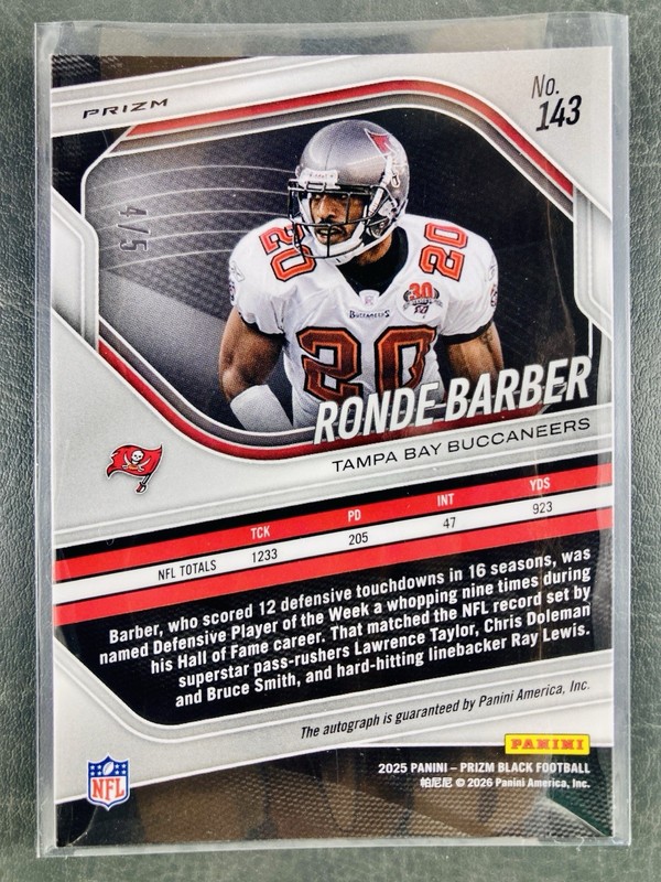 2025 Prizm Black FOTL Ronde Barber Gold Vinyl /5 Auto Buccaneers RARE SSP 💎🔥 view 2