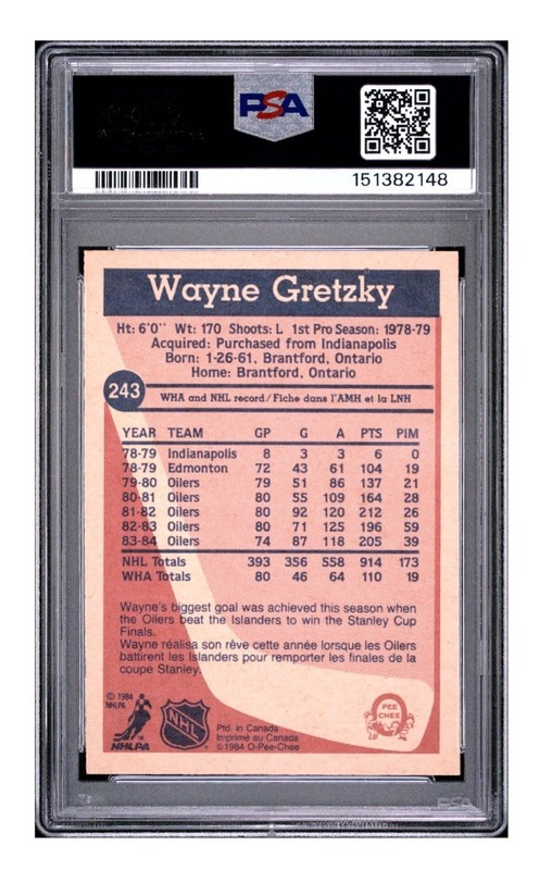 O-Pee-Chee 1984-85 Wayne Gretzky #243 Edmonton Oilers NHL Hockey PSA Graded view 2