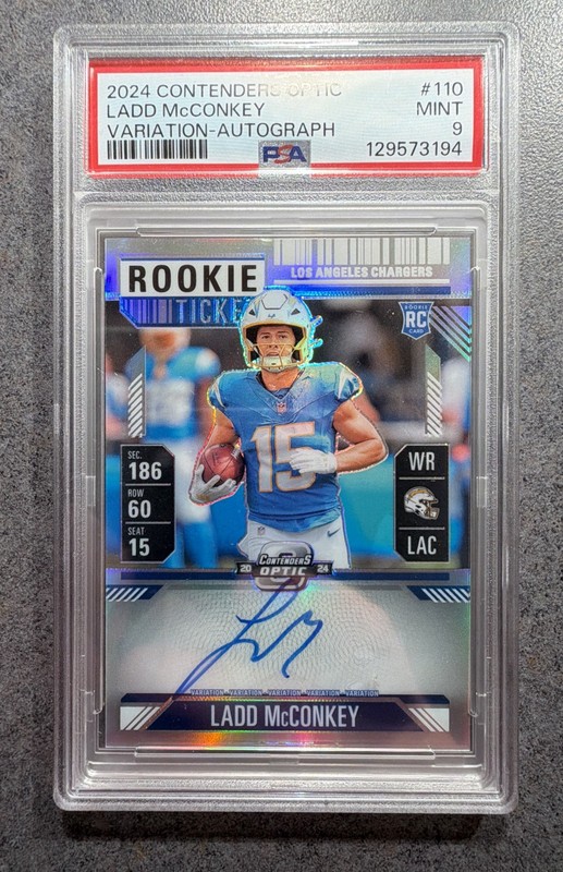 2024 Contenders Optic Rookie Ticket RPS Autographs Variation Ladd McConkey PSA 9 view 1