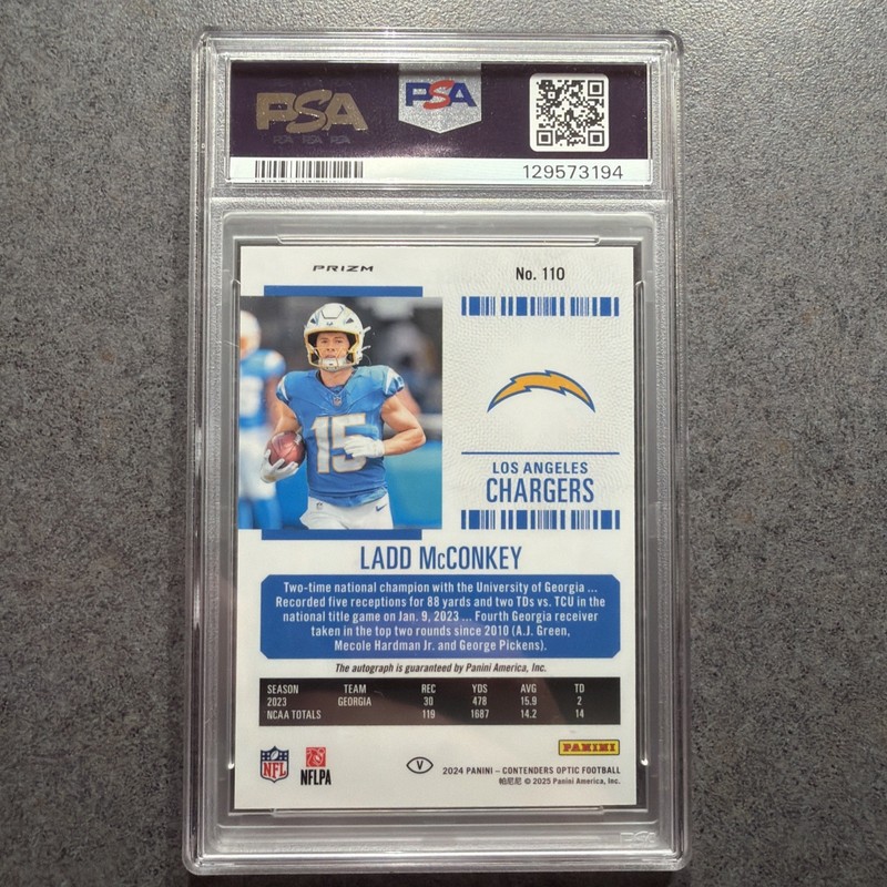 2024 Contenders Optic Rookie Ticket RPS Autographs Variation Ladd McConkey PSA 9 view 2