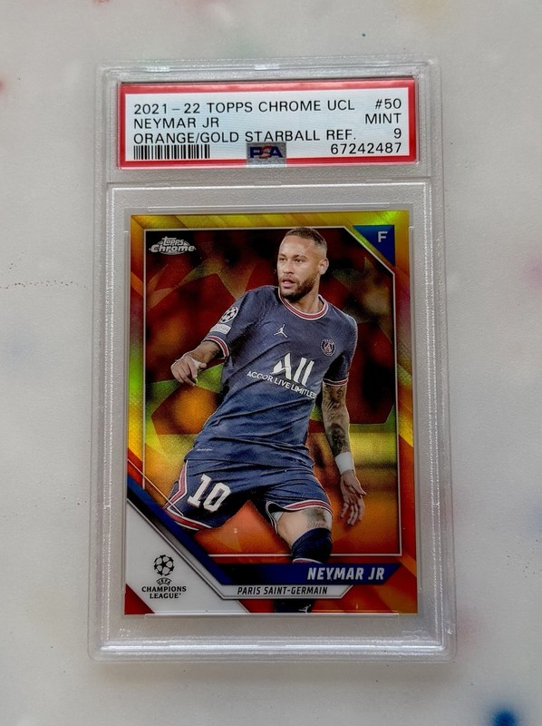 Topps Chrome UCL Neymar Jr Paris Saint-Germain Orange/Gold Starball #50 PSA 9