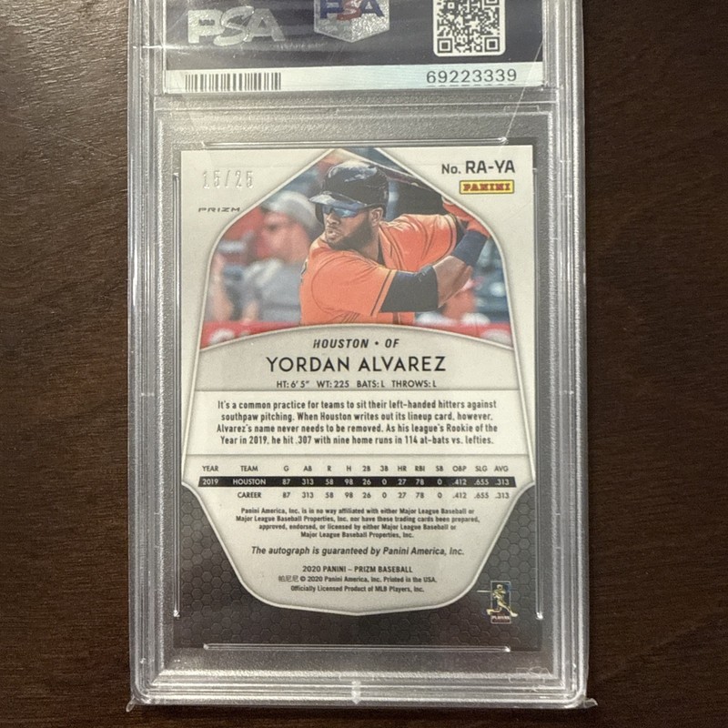 2020 Yordan Alvarez PSA 10 Prizm Rookie Auto Pink Prizm #RAYA 15/25 π₯π₯π₯π₯ view 2