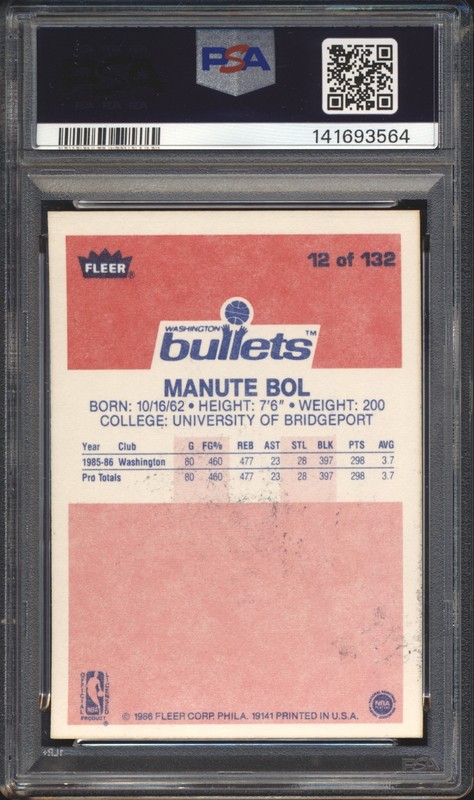 1986 Fleer Basketball AUTO Manute Bol Signed RC #12 PSA/DNA Dual Graded 5 / 6 view 2
