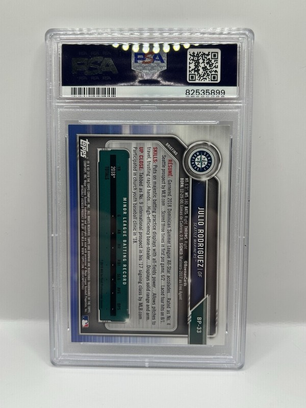 JULIO RODRIGUEZ 1st 2019 Bowman Paper #BP33 PURPLE Parallel #/250 PSA 7 NM view 2