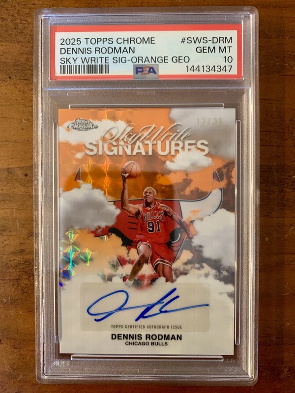 2025-26 Topps Chrome Dennis Rodman Sky Write Auto 12/25 PSA 10 Orange Geometric 