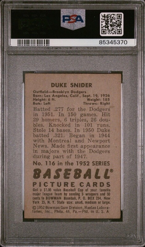 DUKE SNIDER 1952 BOWMAN BASEBALL CARD #116 PSA 2 GOOD BROOKLYN DODGERS HOF view 2
