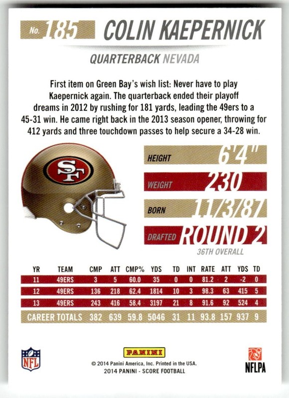 2014 Score -  Colin Kaepernick #185 Card Pictured  view 2