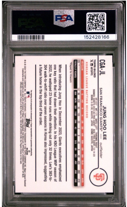 2024 Topps Chrome Gilded Collection Jung Hoo Lee Rookie AUTO Gold /99 - PSA 10 view 2