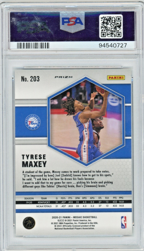 2020-21 Panini Mosaic Tyrese Maxey #203 Red Wave Rookie PSA 10 view 2