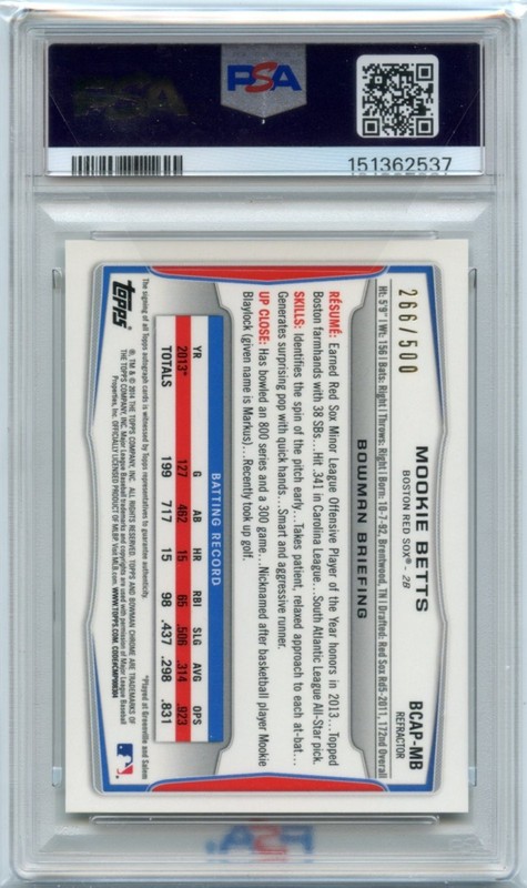 2014 Bowman #MB Mookie Betts Chrome Prospect Auto Refractor /500 PSA 10 GEM MT view 2