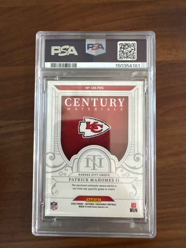 2025 National Treasures Patrick Mahomes Century Materials /99 PSA 9 view 2