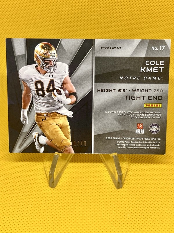 2020 Spectra Gold Cole Kmet RC RPA Patch Auto 10/10 Bears Notre Dame Rookie view 2