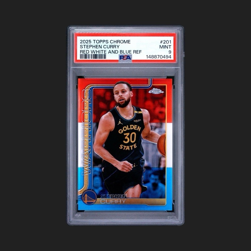 Stephen Curry 2025 Topps Chrome #201 Red White Blue Refractor PSA 9 view 1