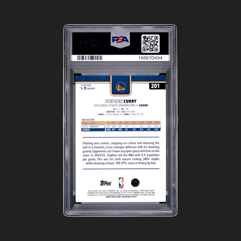 Stephen Curry 2025 Topps Chrome #201 Red White Blue Refractor PSA 9 view 2