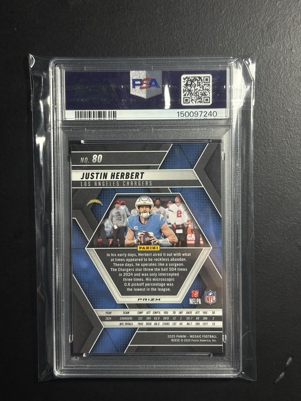 2025 Panini Mosaic - Justin Herbert Purple Scope PSA 10 view 2