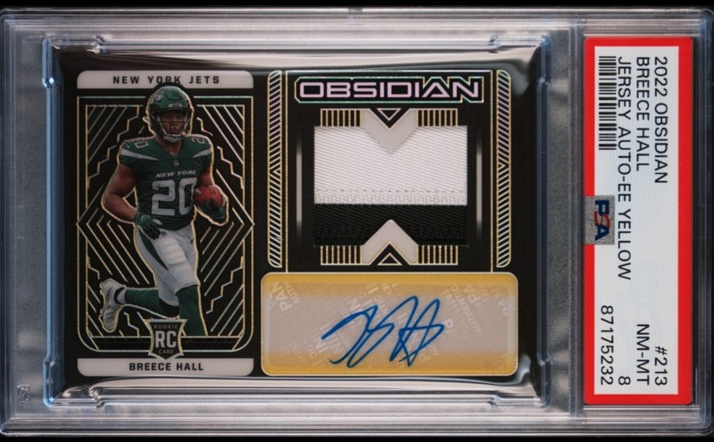 2022 Breece Hall PSA 8 Auto Obsidian Yellow Electric Etch New York Jets /25 