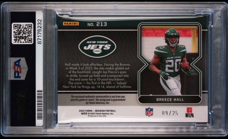 2022 Breece Hall PSA 8 Auto Obsidian Yellow Electric Etch New York Jets /25  view 2