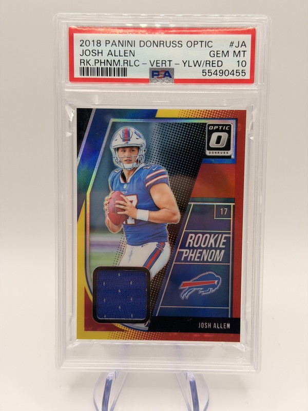 2018 PANINI DONRUSS OPTIC RC PHENOMS RELICS VERT-YELLOW/RED JOSH ALLEN RC PSA 10
