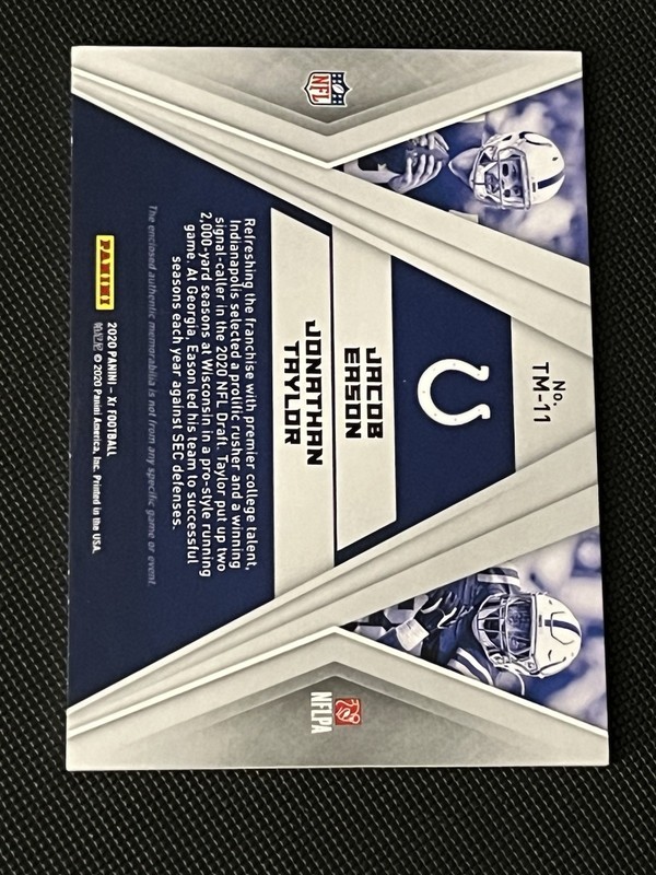2020 Panini XR Jonathan Taylor 1/1 RC Team Materials Double Laundry Tag 1 of 1 view 2