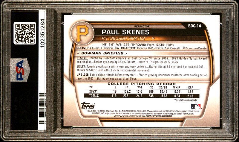 PAUL SKENES 2003 Bowman Draft #BDC-14 Chrome REFRACTOR PSA 10 view 2