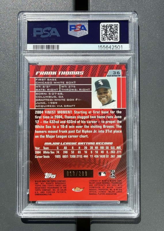 POP 1 Frank Thomas 2005 Topps Finest Blue Refractor /299 PSA 8 #36 view 2