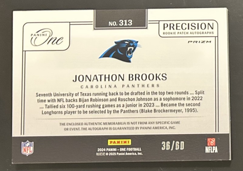2024 Panini One Precision Rookie Patch Auto Red /60 Jonathan Brooks RC RPA #315 view 2