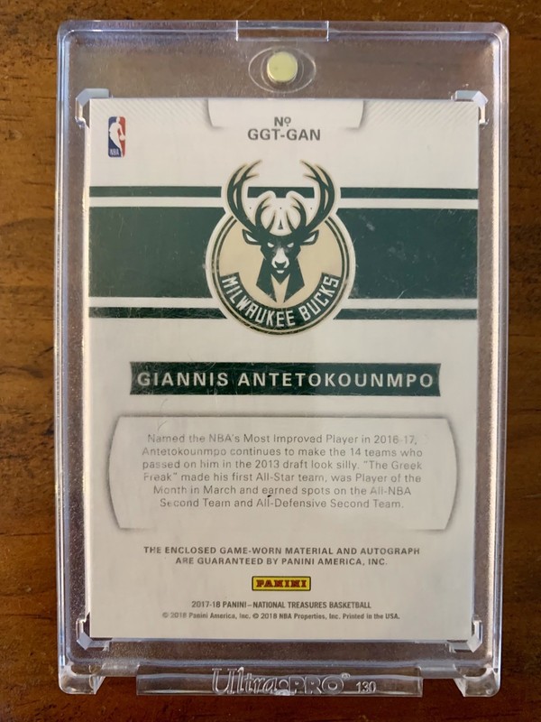 2017-18 National Treasures Giannis Antetokounmpo Auto Triple Patch 5/25 #GGT-GAN view 2