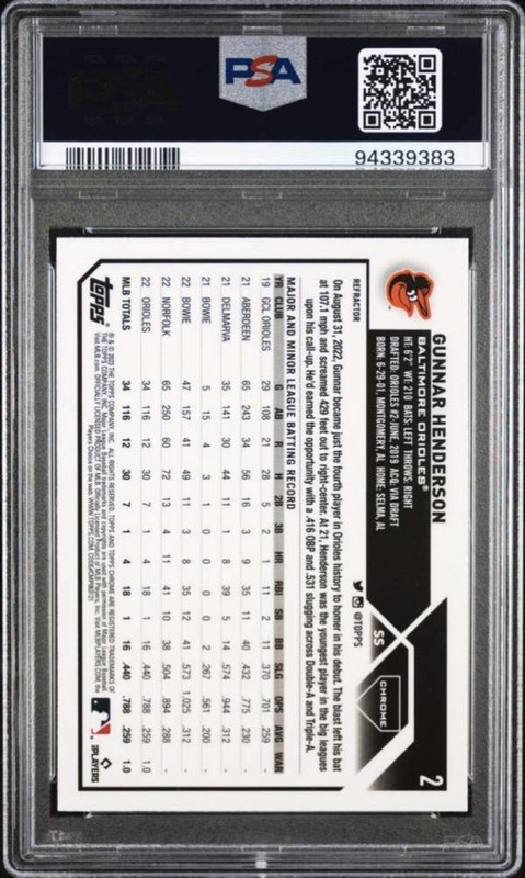 2023 Topps Chrome Refractor #2 Gunnar Henderson Rookie Card PSA 10 view 2