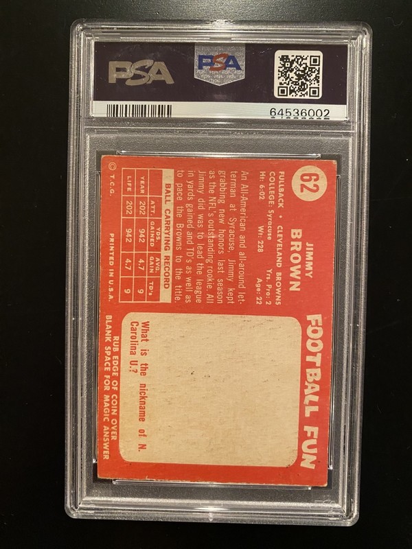 1958 Topps Jim Brown RC PSA 3 view 2