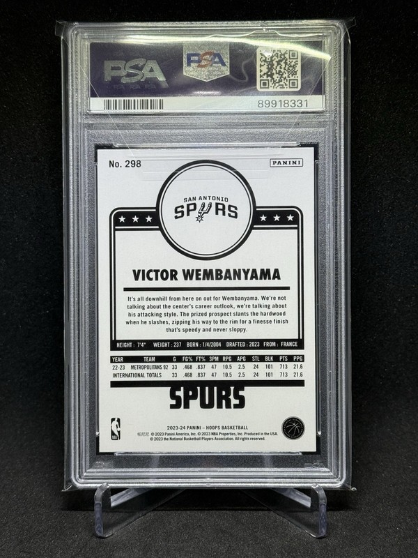 2023-24 Hoops #298 Victor Wembanyama RC Rookie San Antonio Spurs PSA 10 GEM MT view 2