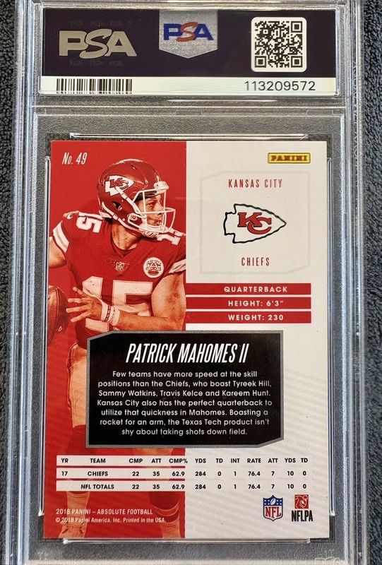 2018 Panini Absolute #49 Patrick Mahomes II Spectrum Blue Parallel PSA 9 Mint view 2