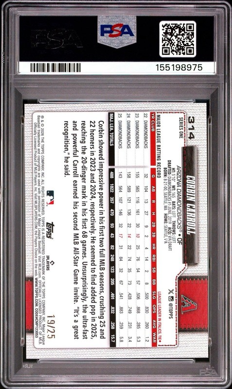 2026 Topps Orange Rainbow Foil /25 #314 Corbin Carroll AZ Dbacks PSA 9 view 2