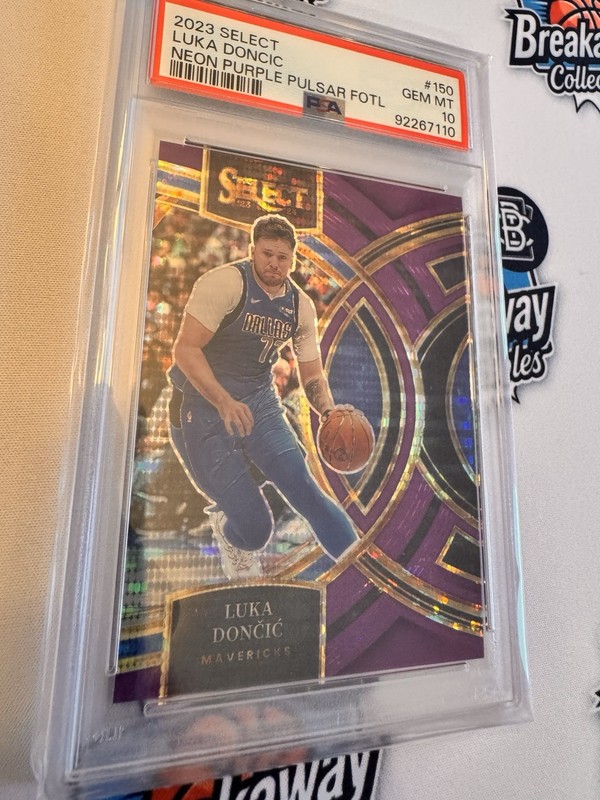 🔥 2023 Panini Select Luka Doncic NEON PURPLE PULSAR FOTL /5 PSA 10-Bookend 1/5 view 2