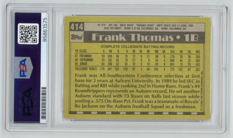 FRANK THOMAS Signed 1990 Topps Baseball ROOKIE CARD #414 + PSA  Auto 61575 view 2