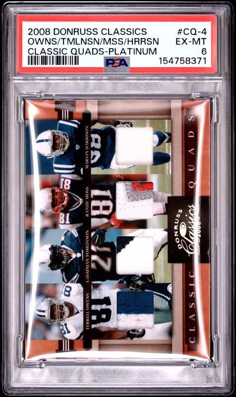 2008 Donruss CQ-4 Moss Tomlinson Owens Harrison game used patch 6/25 PSA 6