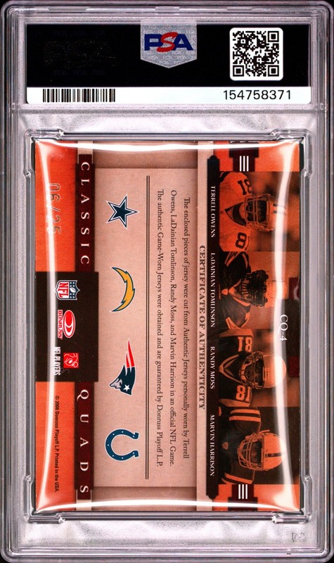 2008 Donruss CQ-4 Moss Tomlinson Owens Harrison game used patch 6/25 PSA 6 view 2