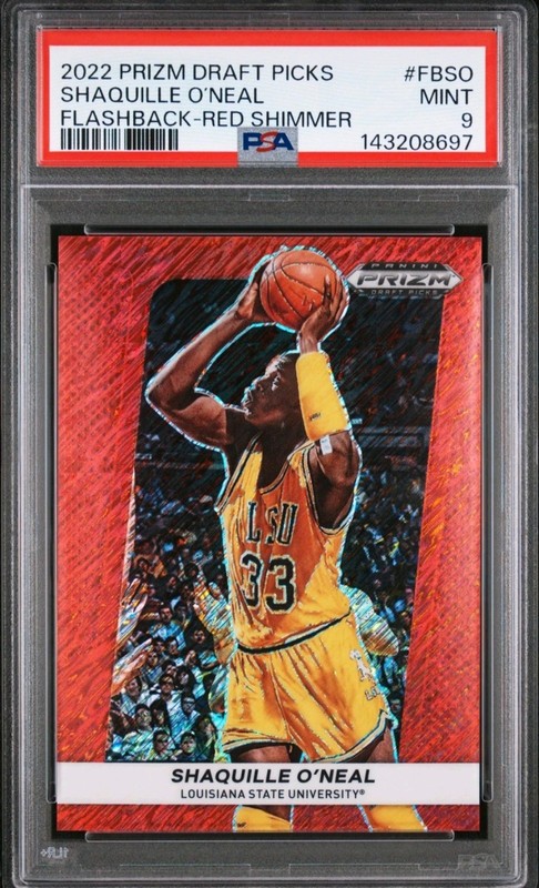 2022 SHAQUILLE O'NEAL PSA 9 PANINI PRIZM DRAFT PICK FLASHBACK RED SHIMMER # /9 