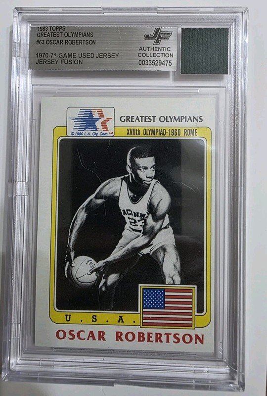 1983 Topps Greatest Olympians Oscar Robertson #63 Game Used Jersey Fusion
