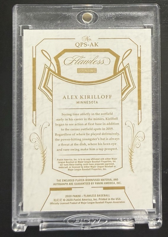 2020 Flawless Alex Kirilloff Quad Patch Signatures Auto 1/1 One Of One view 2