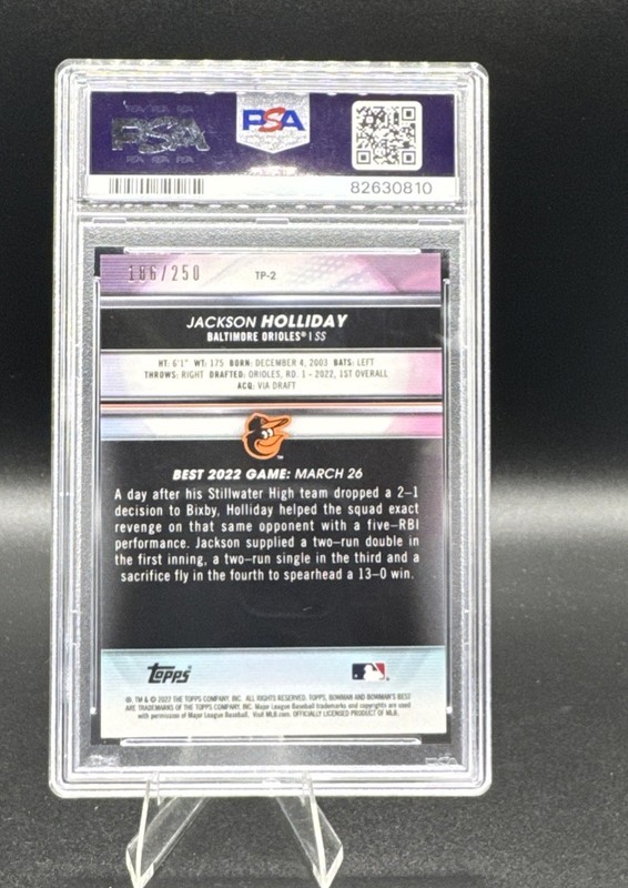 Jackson Holliday 2022 Bowman's Best #TP-2 Purple Refractor # /250 RC PSA 9 view 2