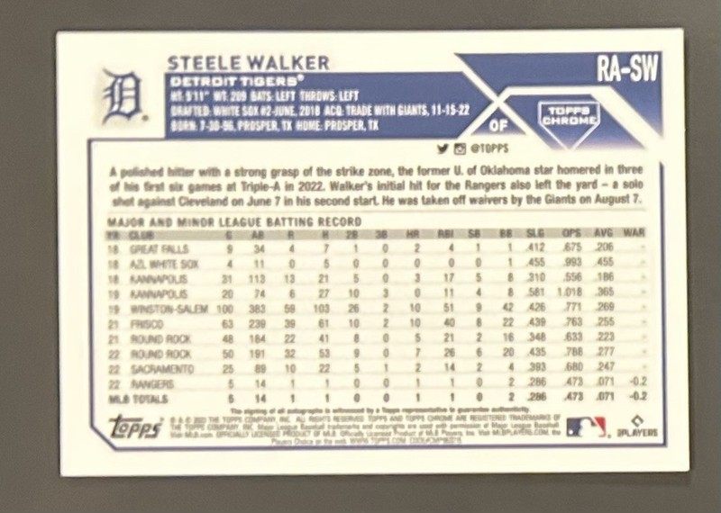 2023 Topps Chrome Rookie Gold Wave Refractor Auto 1/50 Steele Walker RC #RA-SW view 2