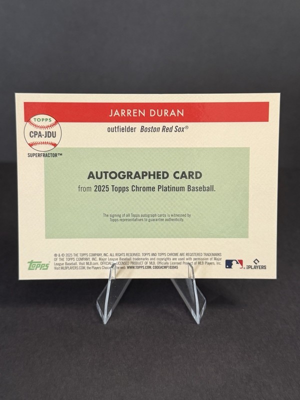 Jarren Durán 2025 Topps Chrome Platinum Superfractor 1/1 Auto CPA-JDU Red Sox view 2