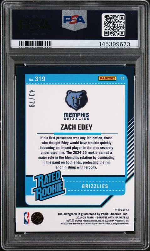 2024 Donruss Optic #319 Zach Edey Pink Velocity Auto /79 Rookie **MINT** PSA 9 view 2