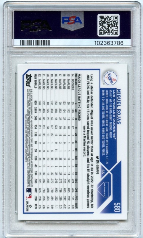 2023 Topps Chrome Sapphire #580 Miguel Rojas Superfractor #1/1 PSA 9 MINT view 2